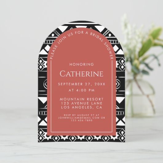 Boho Pattern Wedding Arch Coral Brautparty Einladung (Stehend Vorderseite)