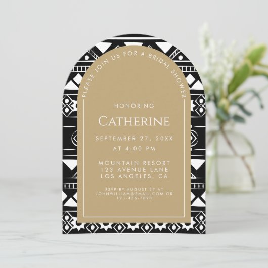 Boho Pattern Wedding Arch Gold Brautparty Einladung (Stehend Vorderseite)