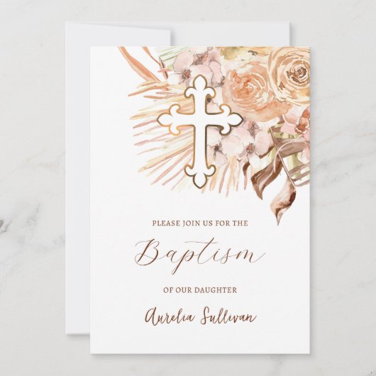 Boho Peach Blume Taufe Einladung (Vorderseite)