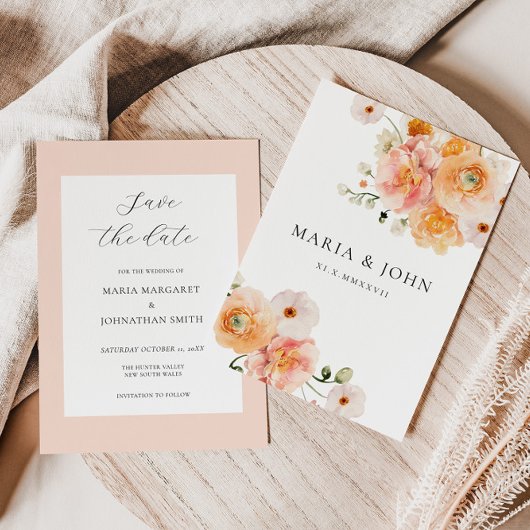 Boho Peach & Blush Floral Wedding Save the Date Einladung
