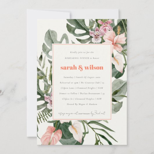 Boho Peach Blush Tropical Floral Rehearsal Dinner Einladung (Vorderseite)