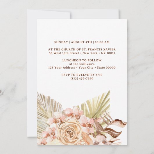 Boho Peach Bouquet Taufe Einladung (Rückseite)