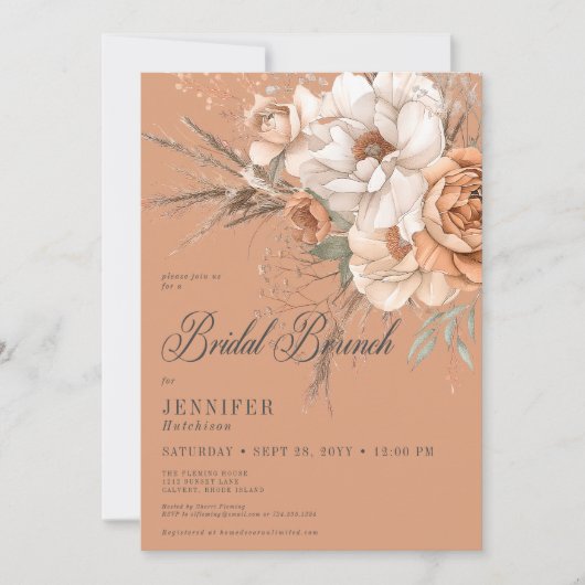 Boho Peach & Cream Floral Rust Bridal Brunch Einladung (Vorderseite)