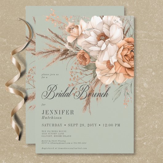 Boho Peach & Cream Green Bridal Brunch Einladung