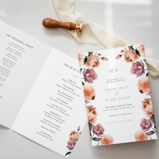 Boho Peach Floral Garden Wedding Folding Programm
