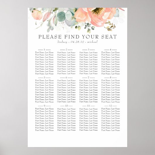 Boho Peach Floral Wedding Chart Poster (Vorne)