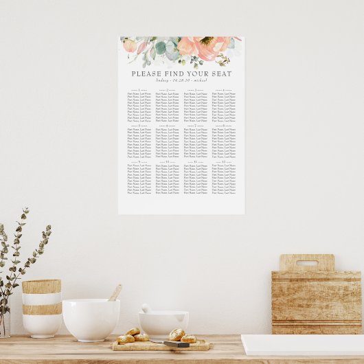 Boho Peach Floral Wedding Chart Poster (Küche)