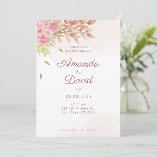 Boho Peach Floral Wedding Einladung (Stehend Vorderseite)