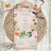 Boho Peach Floral Wreath & Feathers Kein Abendesse All In One Einladung