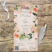 Boho Peach Floral Wreath & Feathers QR Code All In One Einladung