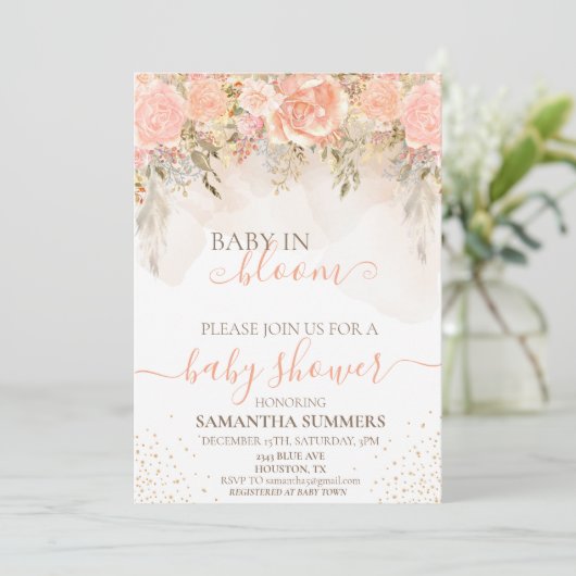 Boho Peach in Bloom Blume Babydusche Einladung (Stehend Vorderseite)