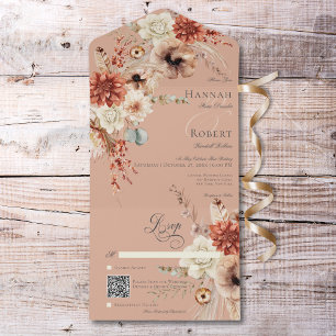 Boho Peach & Rust Blumen & Feder-Pfirsich-QR-Code All In One Einladung