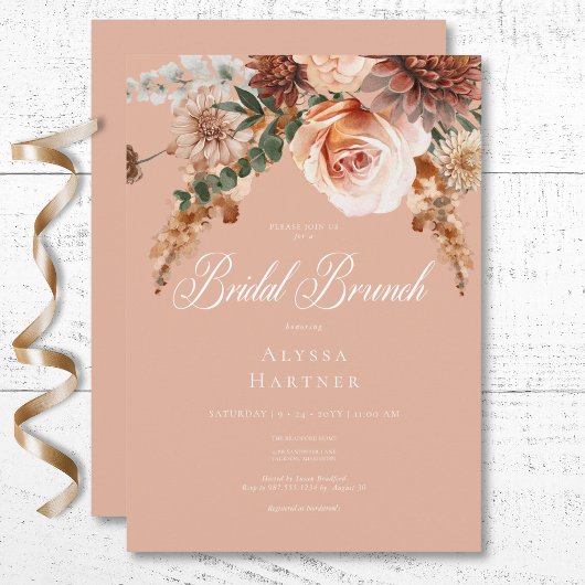 Boho Peach & Rust Blumenpfirsich Blush Bridal Brun Einladung