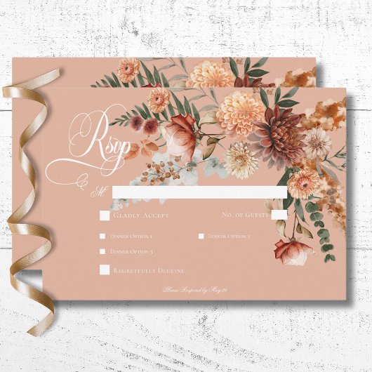 Boho Peach & Rust Blumenpfirsiche Pinselstrich Din RSVP Karte
