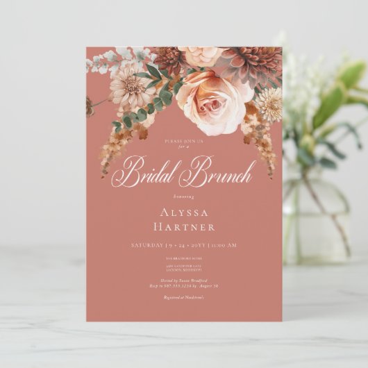 Boho Peach & Rust Blumenrost Bridal Brunch Einladung (Stehend Vorderseite)