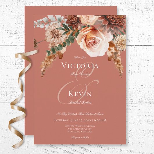 Boho Peach & Rust Blumenrost Hochzeit Einladung