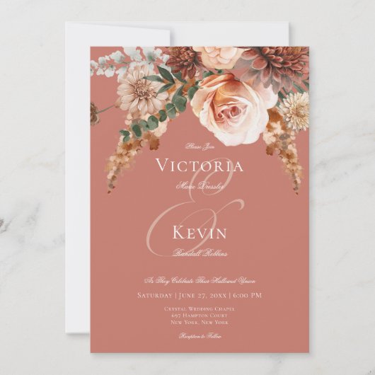 Boho Peach & Rust Blumenrost Hochzeit Einladung (Vorderseite)