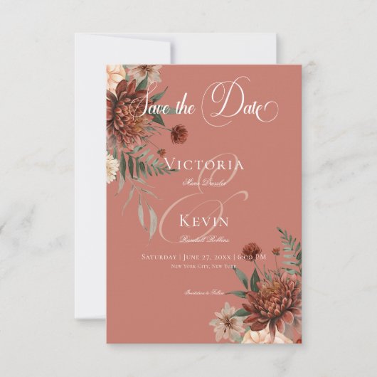 Boho Peach & Rust Blumenrost Hochzeit Save The Date (Vorderseite)