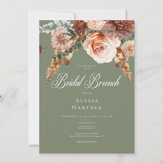 Boho Peach & Rust Blumensage Green Bridal Brunch Einladung (Vorderseite)