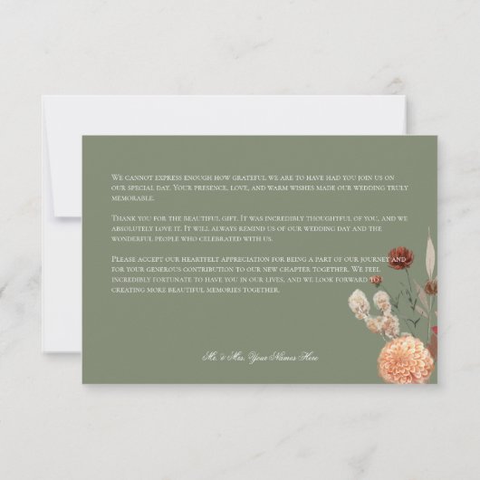Boho Peach & Rust Blumenzage Grüne Hochzeit Dankeskarte (Rückseite)