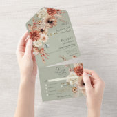 Boho Peach & Rust Floral & Feather Green Dinner All In One Einladung (Abreißen)