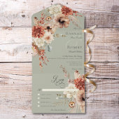 Boho Peach & Rust Floral & Feather Green Dinner All In One Einladung