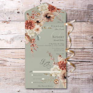 Boho Peach & Rust Floral & Feather Green No Dinner All In One Einladung