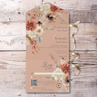 Boho Peach & Rust Floral & Feather Peach QR Code
