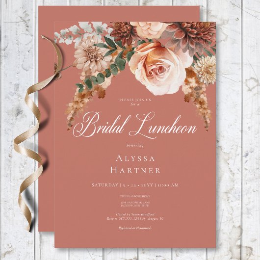Boho Peach & Rust Floral Rust Bridal Luncheon Einladung