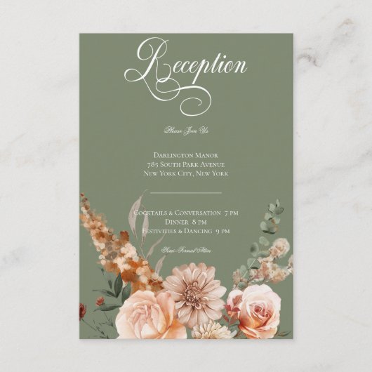 Boho Peach & Rust Floral Sage Green Empfang Begleitkarte (Vorderseite)