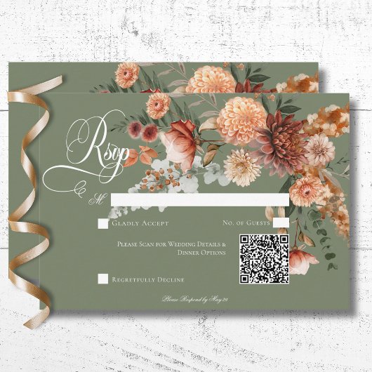 Boho Peach & Rust Floral Sage Green QR Code RSVP Karte