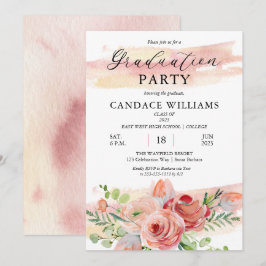 Boho Peach Watercolor Floral Graduation Party Einladung