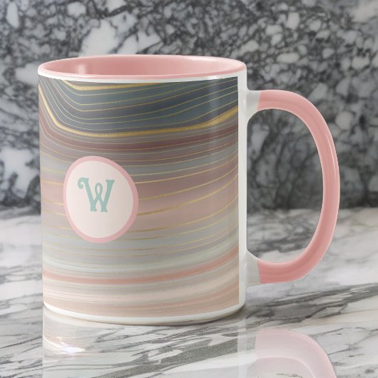 Boho Peachy Pink und Aqua Gold Strata mit Initial Tasse