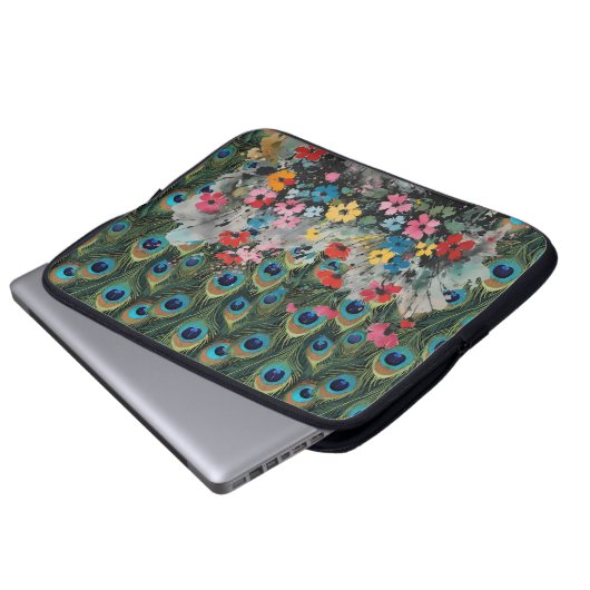 Boho Peacock Feathers And Wildflowers Laptopschutzhülle (Vorne Knopf)