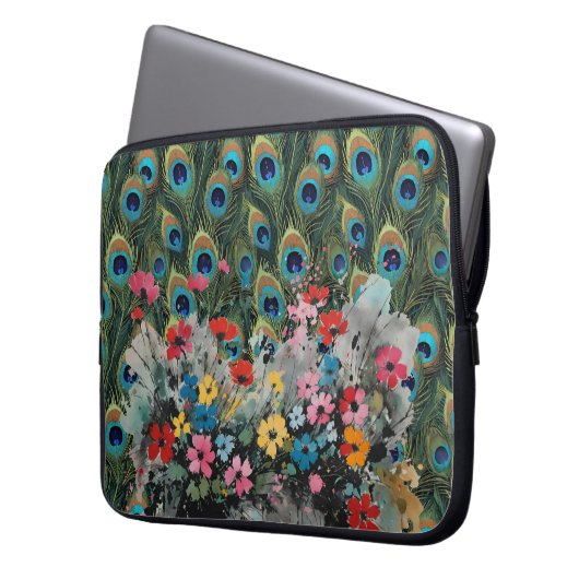 Boho Peacock Feathers And Wildflowers Laptopschutzhülle (Vorderseite Links)