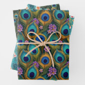 Boho Peacocks und lebendige Pfauenfeathers Florals Geschenkpapier Set (Beispiel)