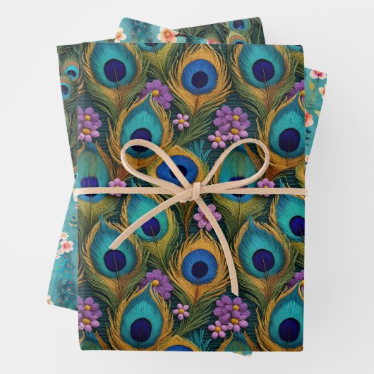 Boho Peacocks und lebendige Pfauenfeathers Florals Geschenkpapier Set (Beispiel)