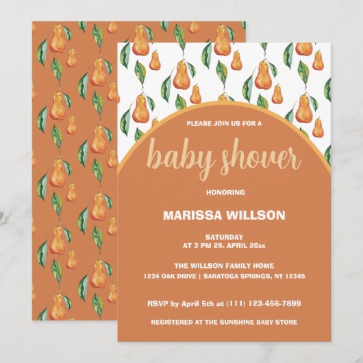 Boho Pear Watercolor Handgemalt Einladung (Vorne/Hinten)