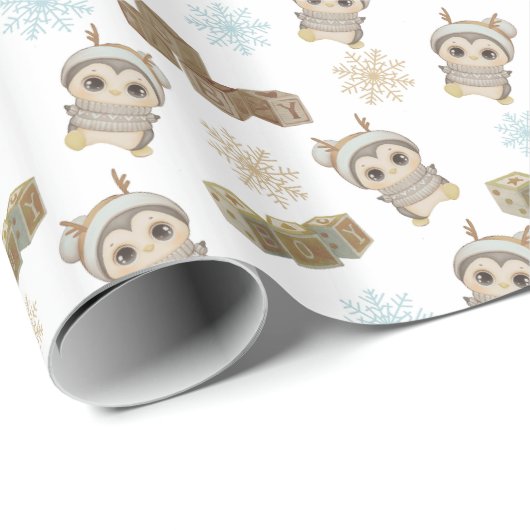 Boho Penguin and Snowflakes Baby Boy Geschenkpapier (Rolleneckpunkt)