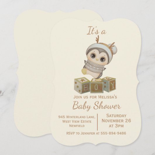 Boho Penguin Boy Baby Dusche Einladung (Vorne/Hinten)