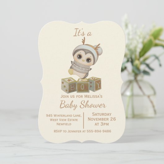 Boho Penguin Boy Baby Dusche Einladung (Stehend Vorderseite)