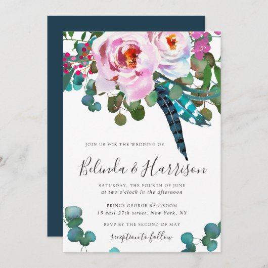 Boho Peonies Botanical Wedding Einladung (Vorne/Hinten)
