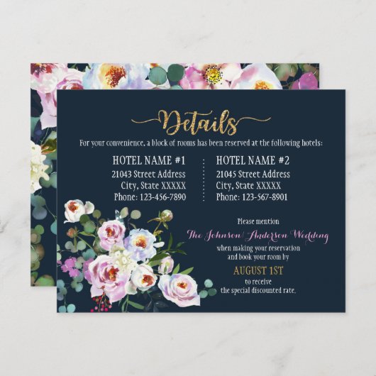 Boho Peonies Navy Floral Modern Details Card Begleitkarte (Vorne/Hinten)