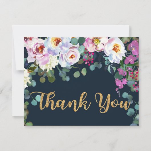 Boho Peonies Navy Floral Modern Vielen Dank Dankeskarte (Vorderseite)