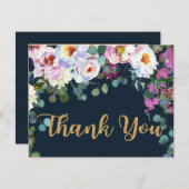 Boho Peonies Navy Floral Modern Vielen Dank Dankeskarte (Vorne/Hinten)