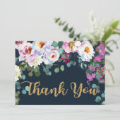 Boho Peonies Navy Gold Floral Modern Vielen Dank Dankeskarte (Stehend Vorderseite)