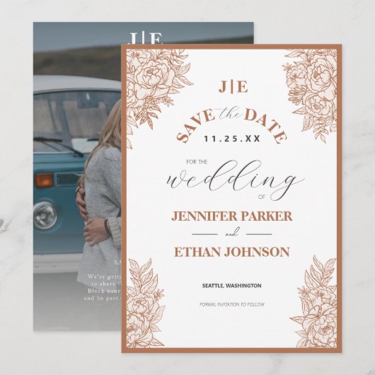 Boho Peony Botanical Foto Wedding Save The Date (Vorne/Hinten)