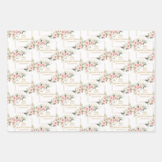 Boho personalisierte Erröten Rose Goldquinceanera Geschenkpapier Set (Vorderseite 3)
