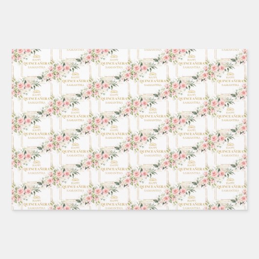 Boho personalisierte Erröten Rose Goldquinceanera Geschenkpapier Set (Vorderseite)