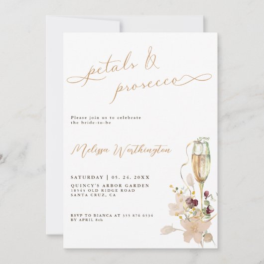 Boho Petals & Prosecco Extravagantes Script-Brautp Einladung (Vorderseite)